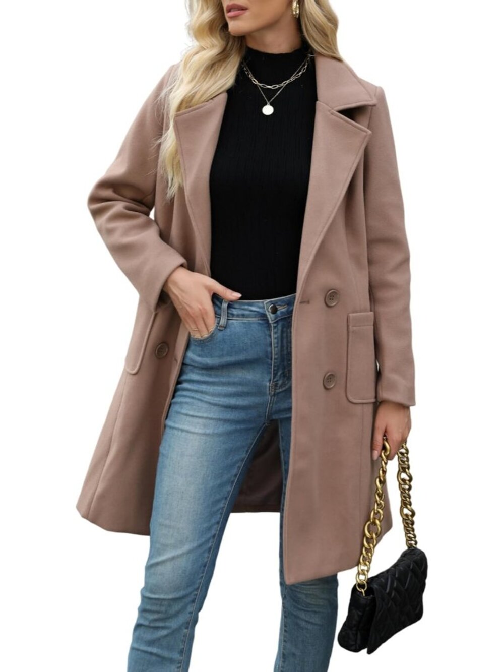 Womens Blush Pink Chic Wool Blend Mid-Long Notch Double-Breasted Trench Pea Coat